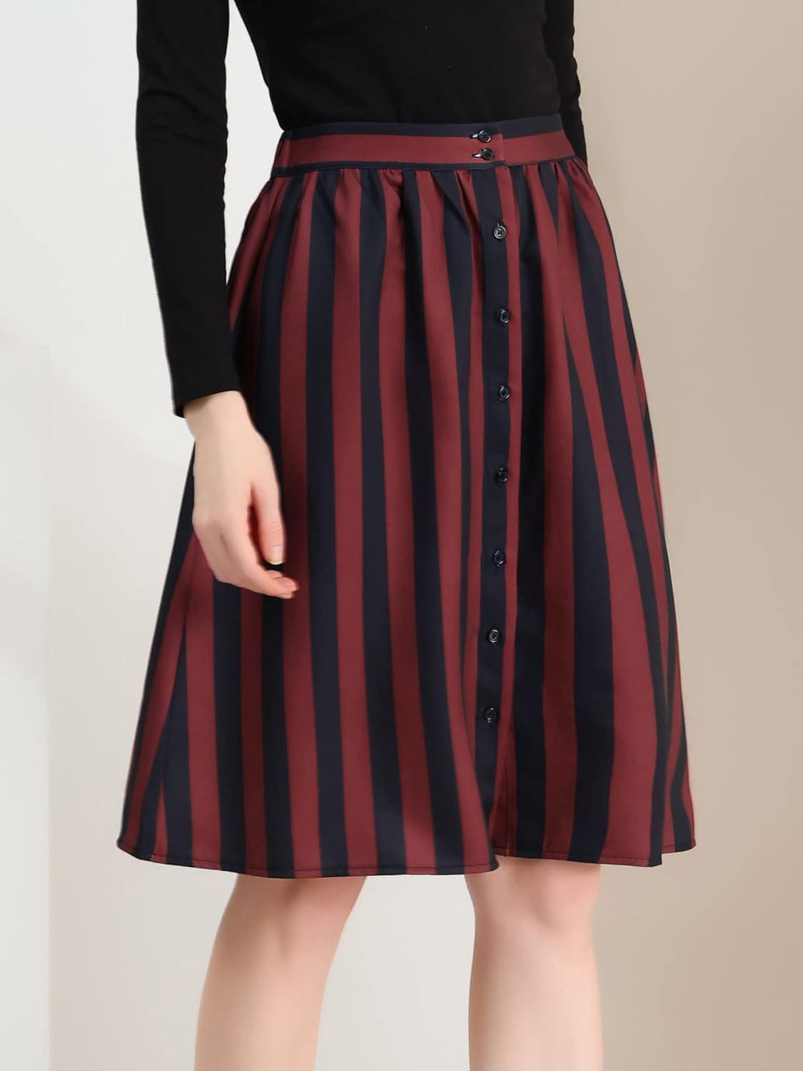 imageAllegra K Womens Striped Button Front Elastic Back Waist ALine Midi SkirtRed Black