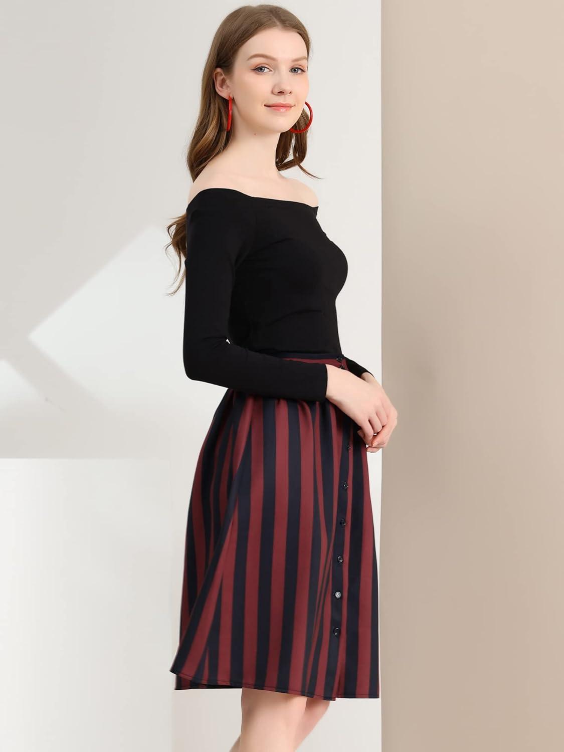 imageAllegra K Womens Striped Button Front Elastic Back Waist ALine Midi SkirtRed Black