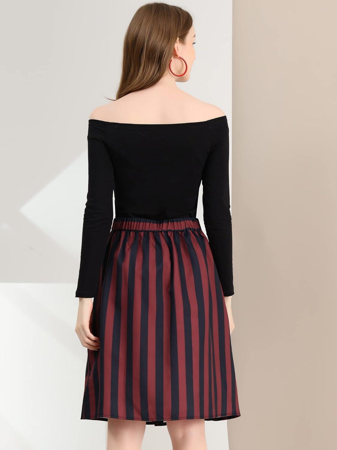 imageAllegra K Womens Striped Button Front Elastic Back Waist ALine Midi SkirtRed Black