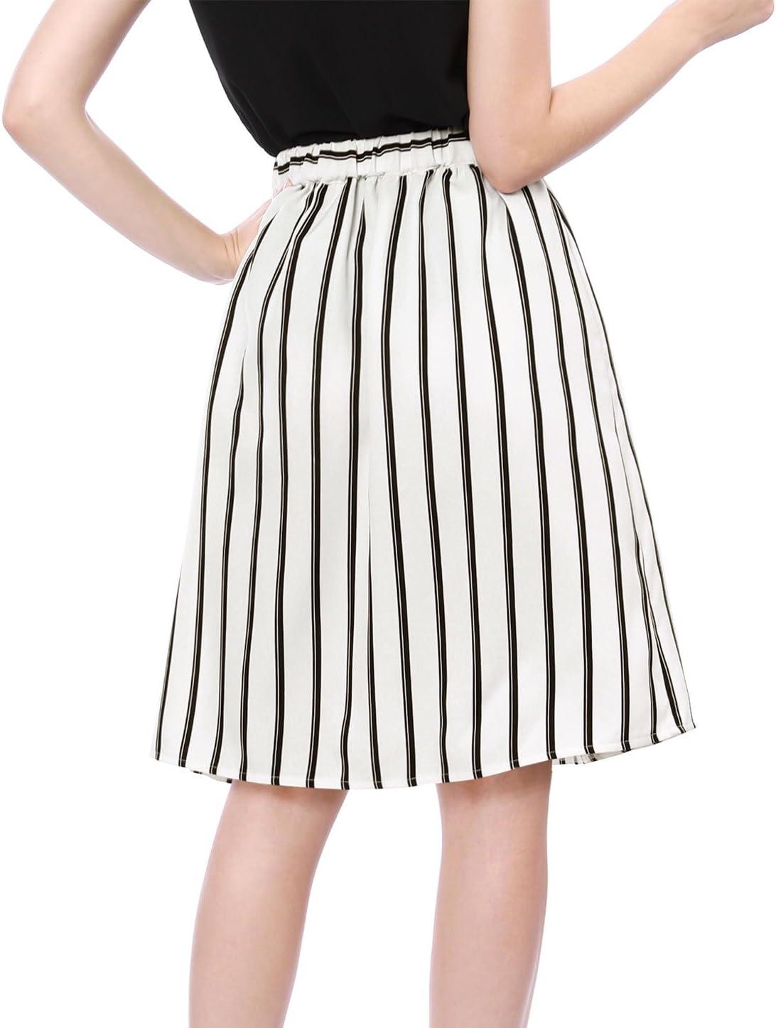 imageAllegra K Womens Striped Button Front Elastic Back Waist ALine Midi SkirtWhite