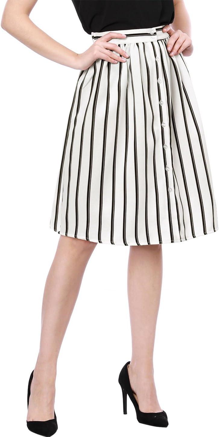 imageAllegra K Womens Striped Button Front Elastic Back Waist ALine Midi SkirtWhite