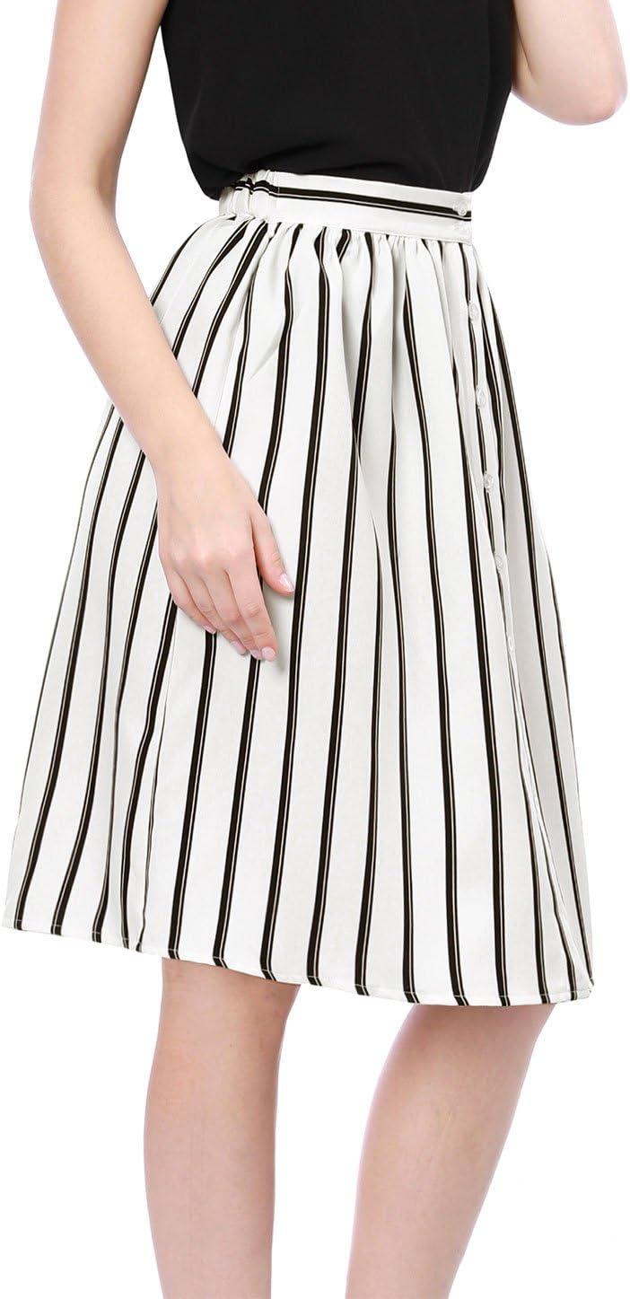imageAllegra K Womens Striped Button Front Elastic Back Waist ALine Midi SkirtWhite