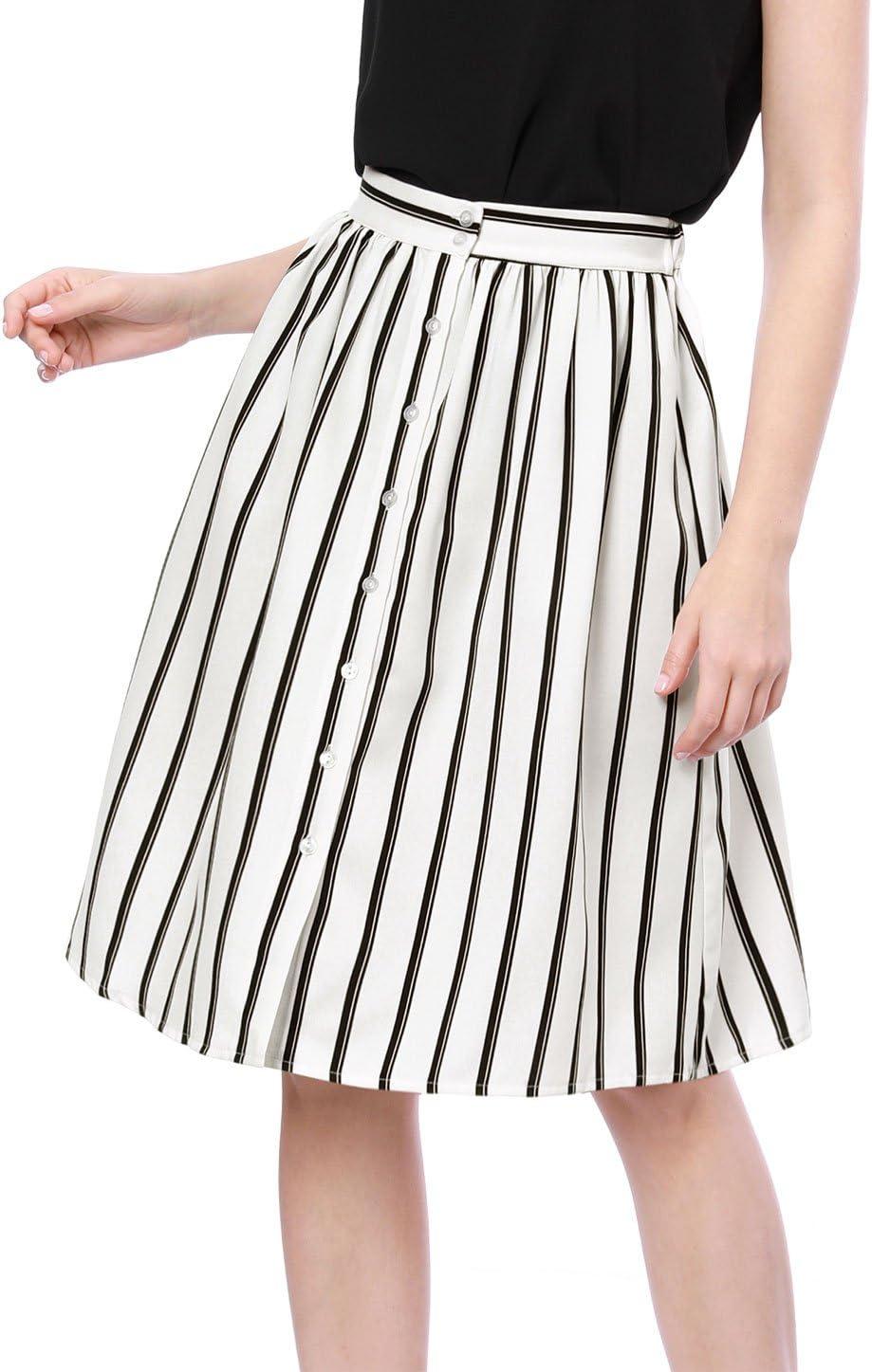 imageAllegra K Womens Striped Button Front Elastic Back Waist ALine Midi SkirtWhite