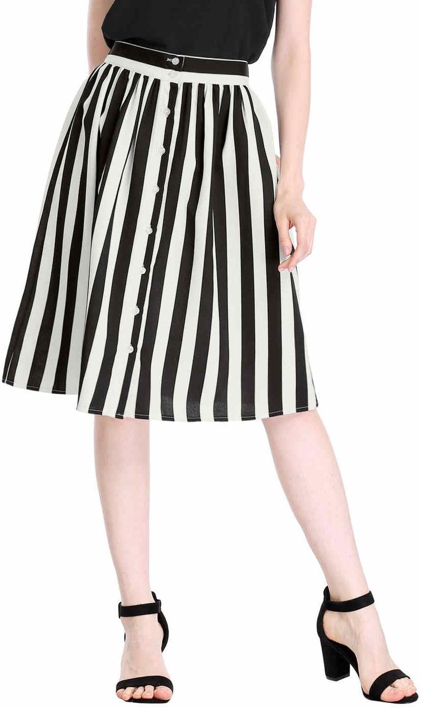 imageAllegra K Womens Striped Button Front Elastic Back Waist ALine Midi SkirtWhite Black