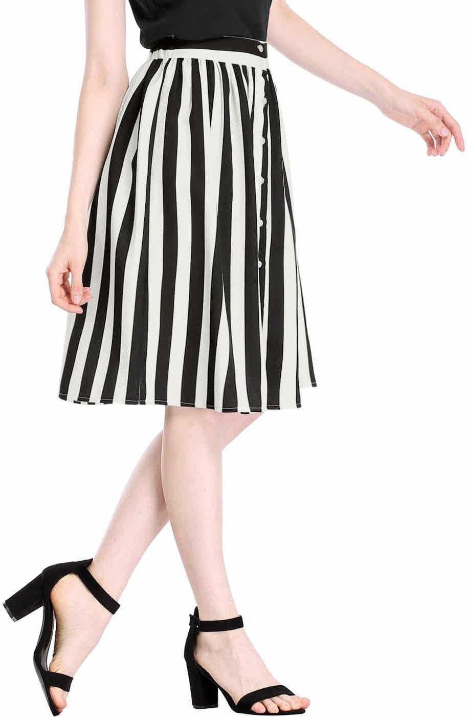 imageAllegra K Womens Striped Button Front Elastic Back Waist ALine Midi SkirtWhite Black