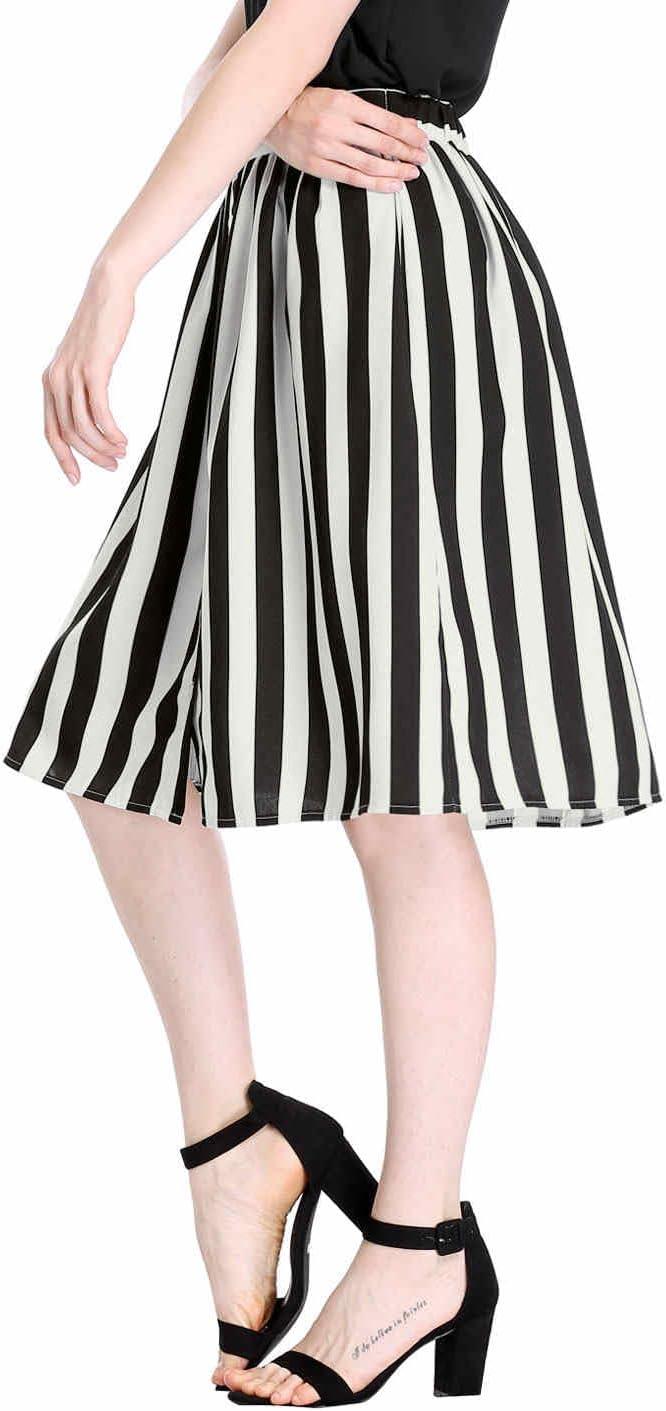 imageAllegra K Womens Striped Button Front Elastic Back Waist ALine Midi SkirtWhite Black