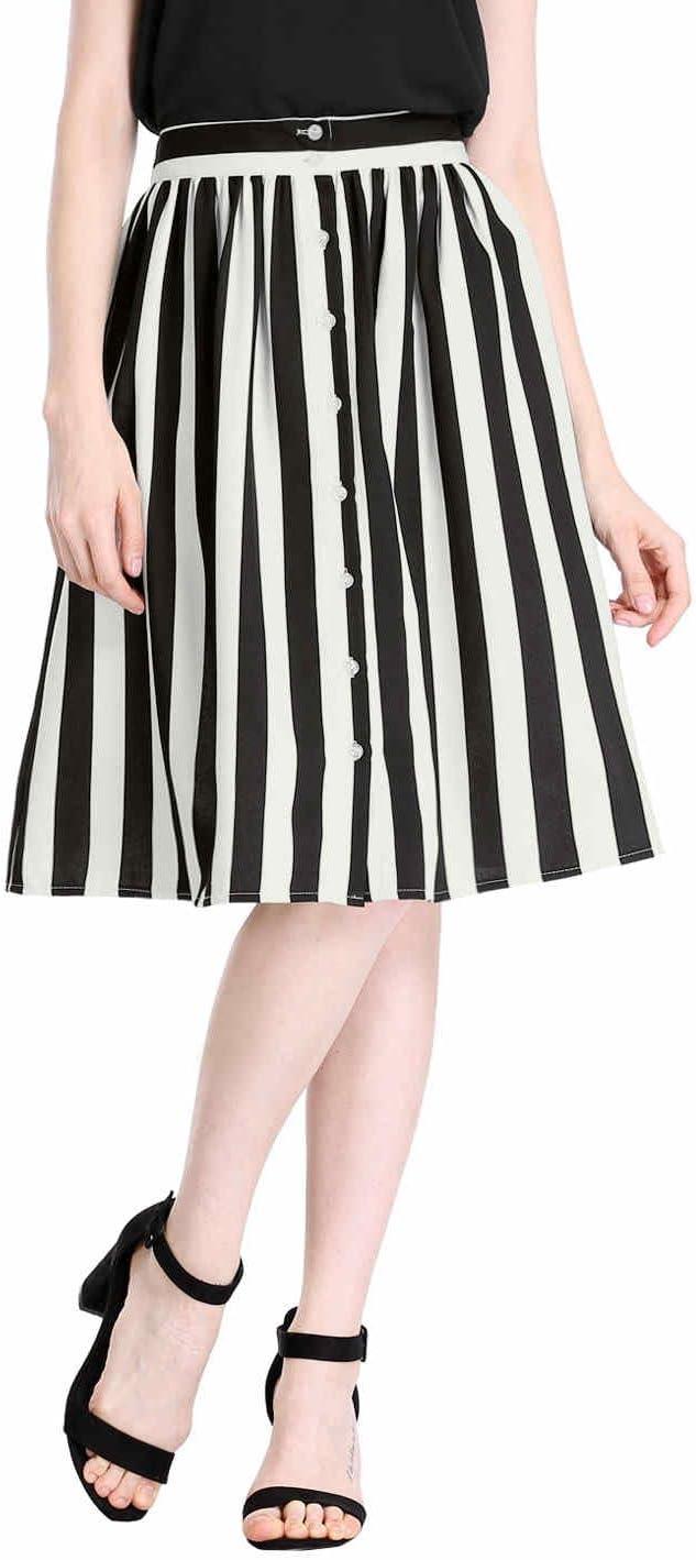 imageAllegra K Womens Striped Button Front Elastic Back Waist ALine Midi SkirtWhite Black