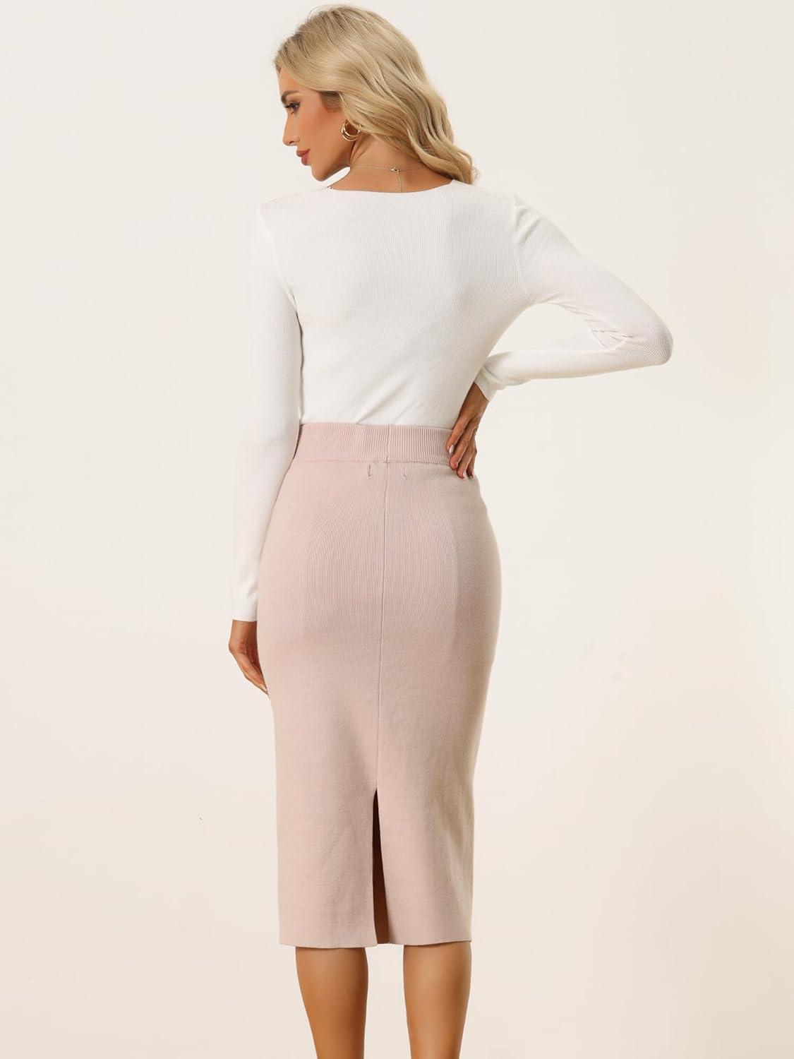 imageAllegra K Womens Sweater Skirts Ribbed Knit Elastic High Waist Stretchy Slit Casual Office Pencil Midi SkirtApricot