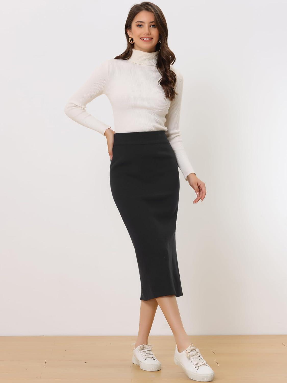 imageAllegra K Womens Sweater Skirts Ribbed Knit Elastic High Waist Stretchy Slit Casual Office Pencil Midi SkirtBlack