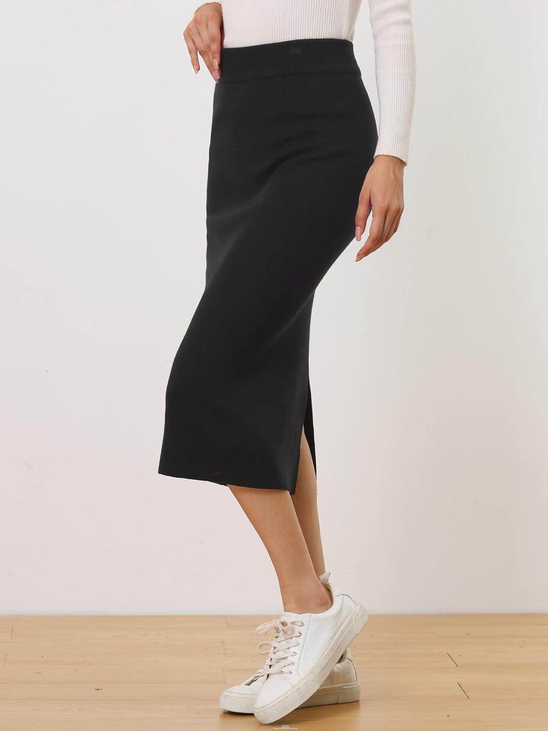 imageAllegra K Womens Sweater Skirts Ribbed Knit Elastic High Waist Stretchy Slit Casual Office Pencil Midi SkirtBlack