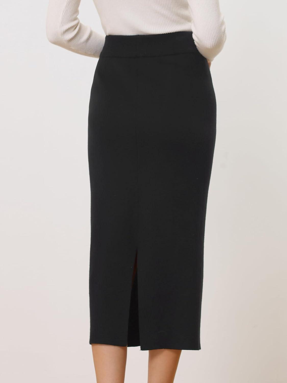 imageAllegra K Womens Sweater Skirts Ribbed Knit Elastic High Waist Stretchy Slit Casual Office Pencil Midi SkirtBlack