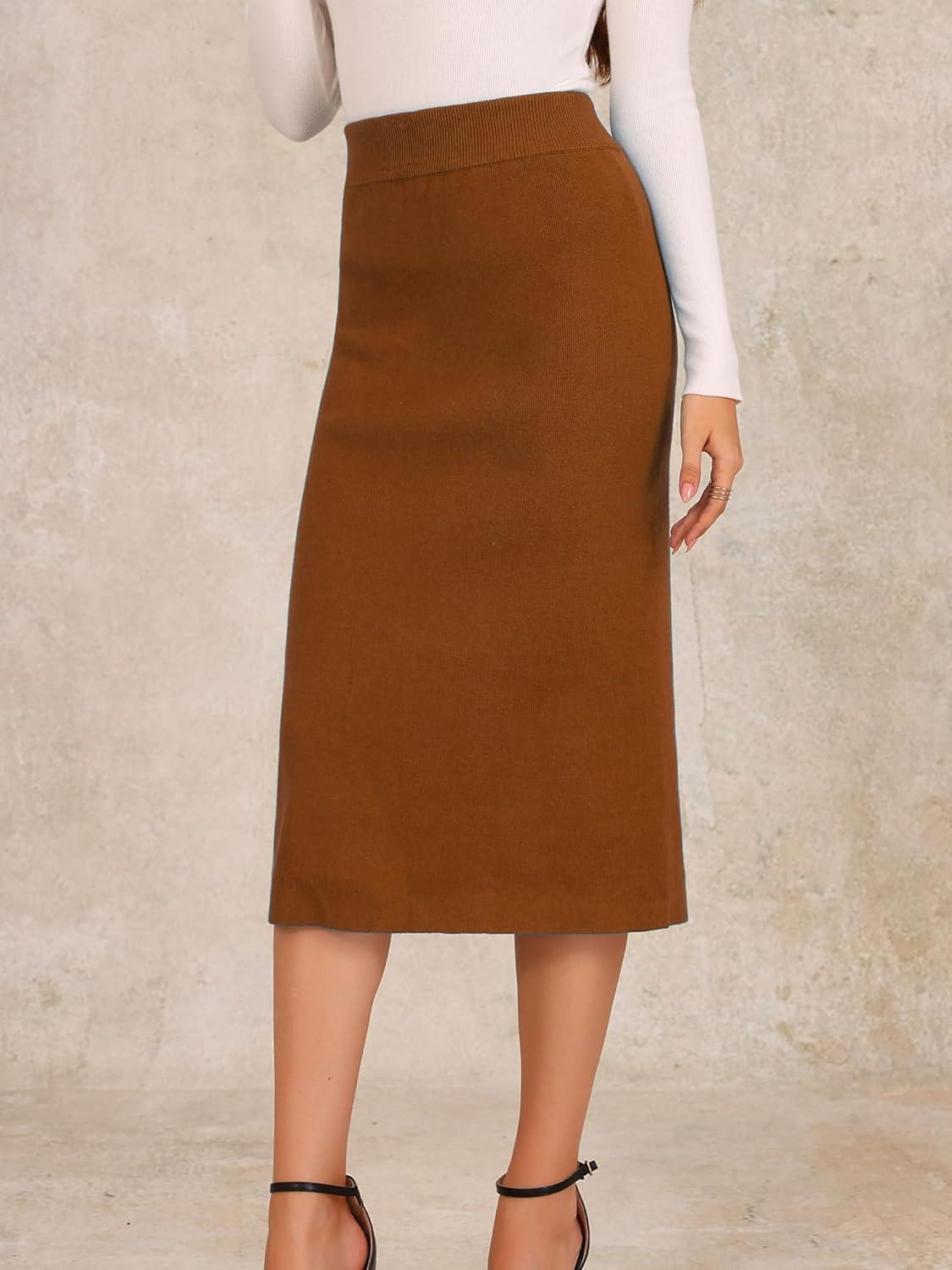imageAllegra K Womens Sweater Skirts Ribbed Knit Elastic High Waist Stretchy Slit Casual Office Pencil Midi SkirtCaramel