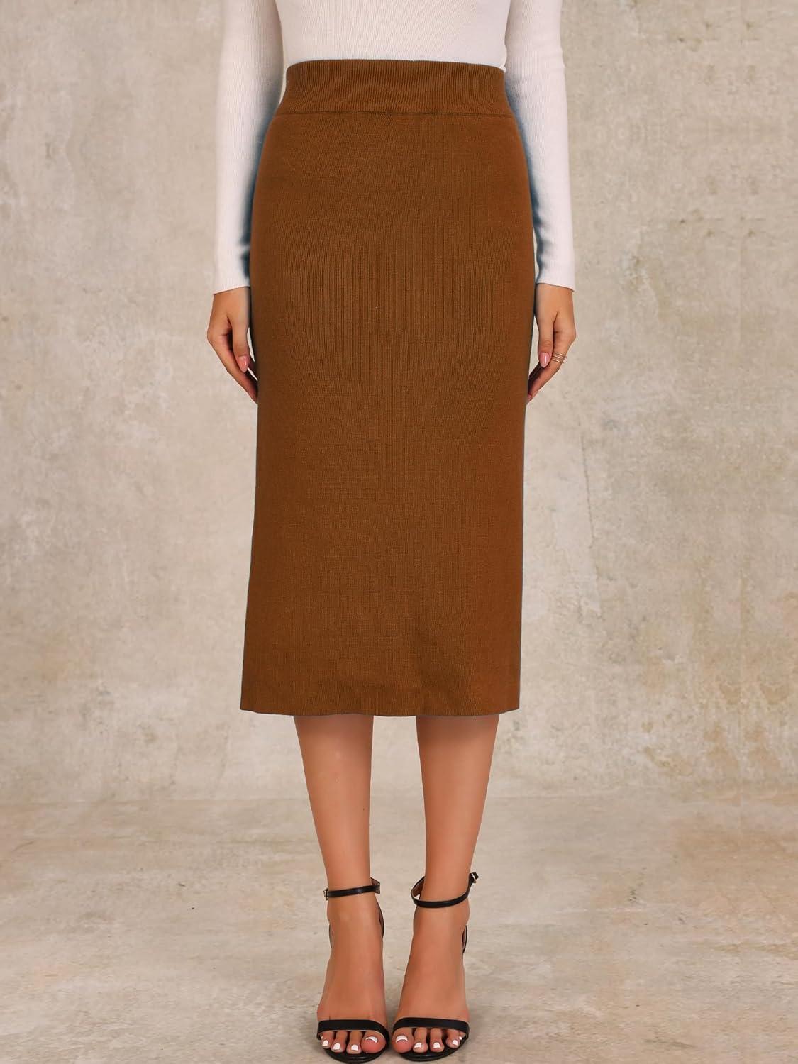 imageAllegra K Womens Sweater Skirts Ribbed Knit Elastic High Waist Stretchy Slit Casual Office Pencil Midi SkirtCaramel