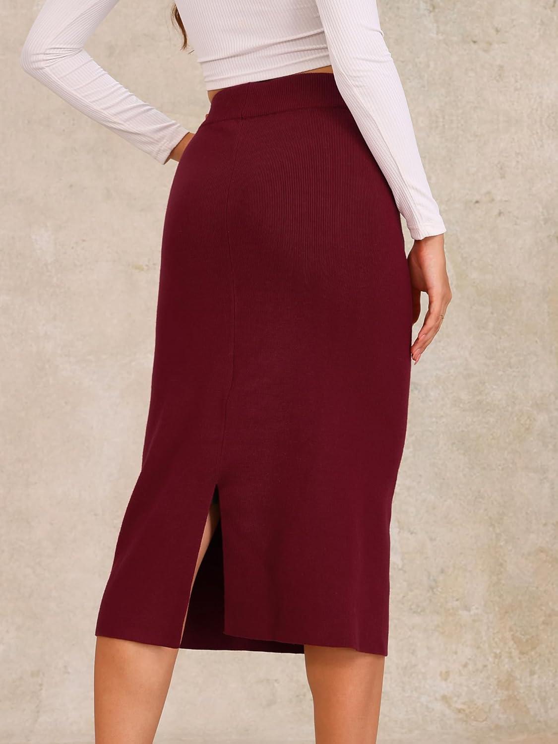 imageAllegra K Womens Sweater Skirts Ribbed Knit Elastic High Waist Stretchy Slit Casual Office Pencil Midi SkirtClaret