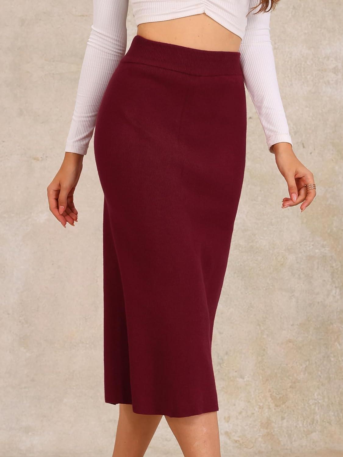 imageAllegra K Womens Sweater Skirts Ribbed Knit Elastic High Waist Stretchy Slit Casual Office Pencil Midi SkirtClaret