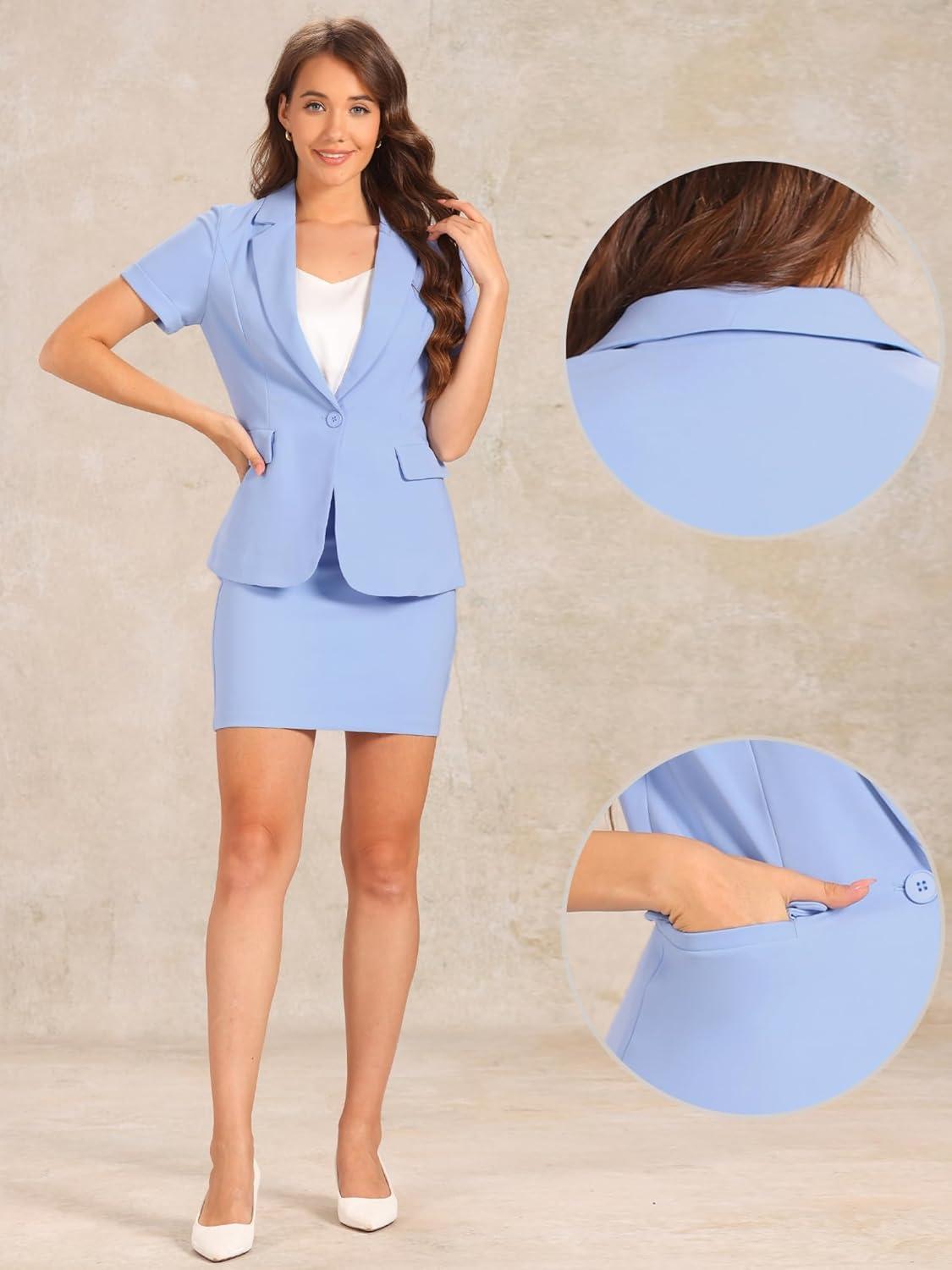 imageAllegra K Work Suit for Womens Office Blazer Skirt Suit 2 Piece SetBlue