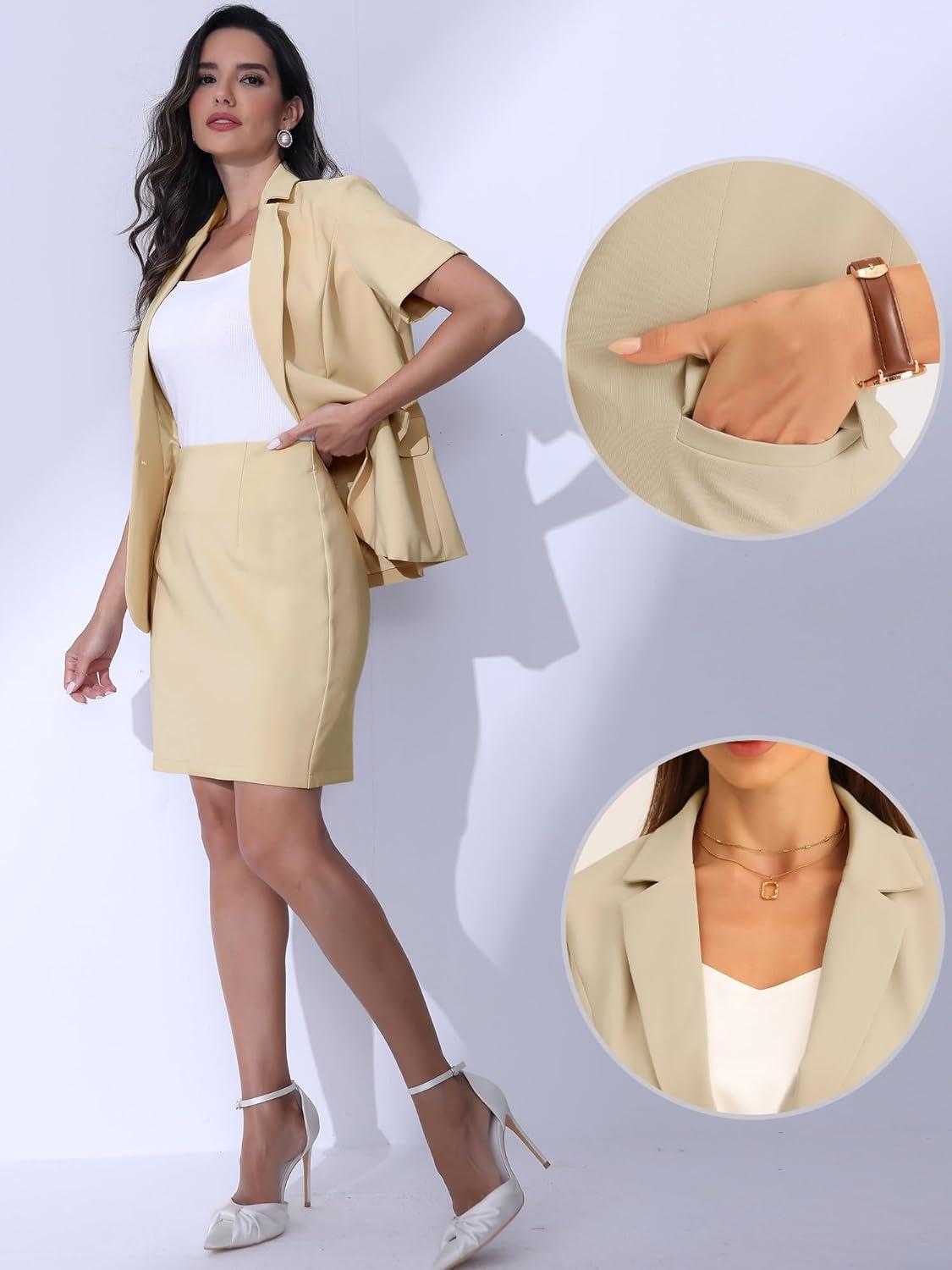 imageAllegra K Work Suit for Womens Office Blazer Skirt Suit 2 Piece SetLight Khaki