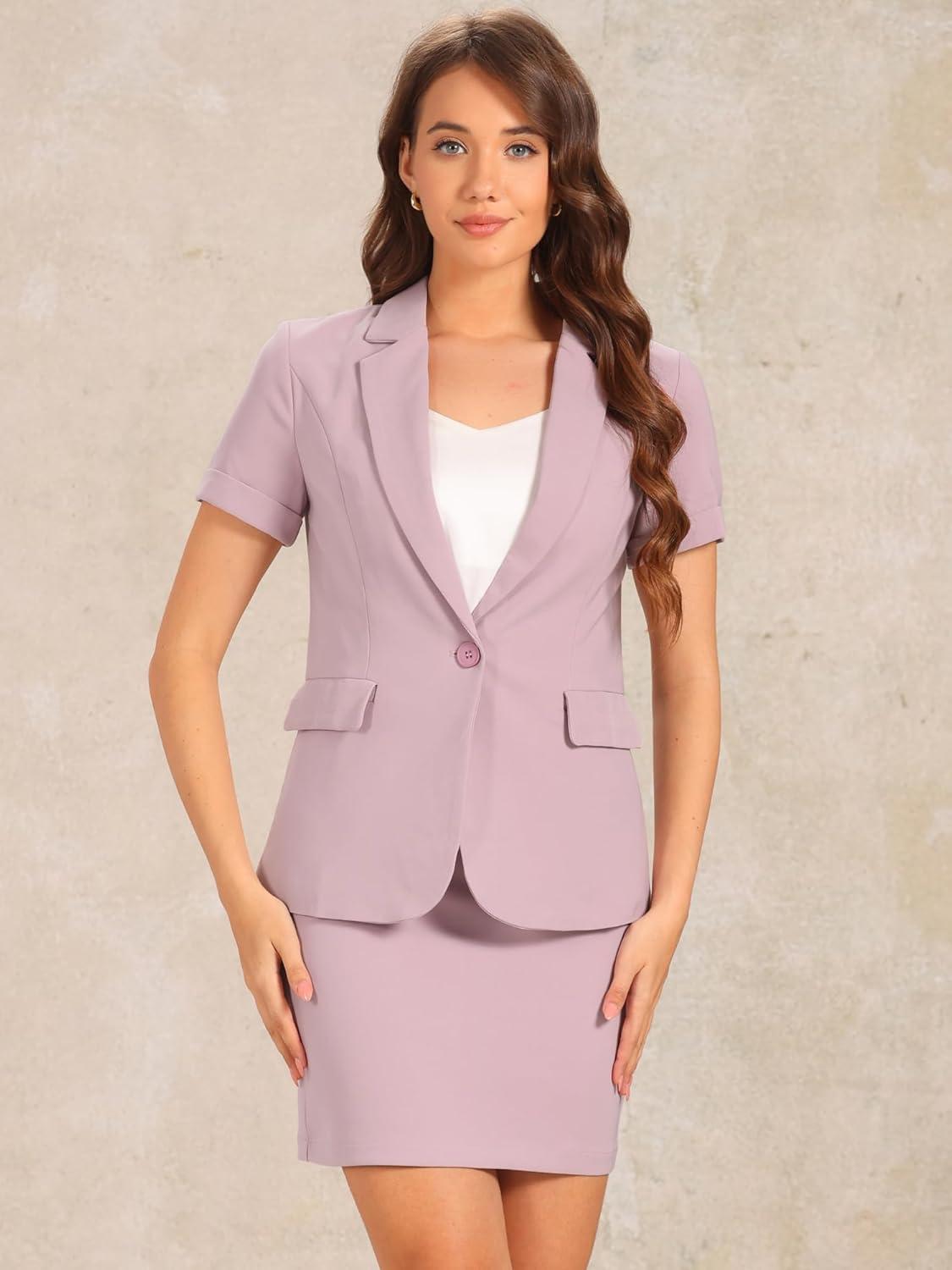 imageAllegra K Work Suit for Womens Office Blazer Skirt Suit 2 Piece SetPink