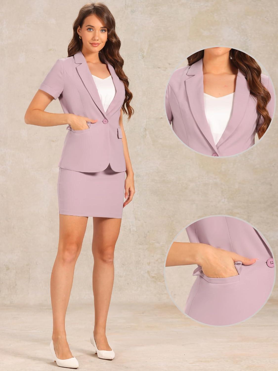 imageAllegra K Work Suit for Womens Office Blazer Skirt Suit 2 Piece SetPink