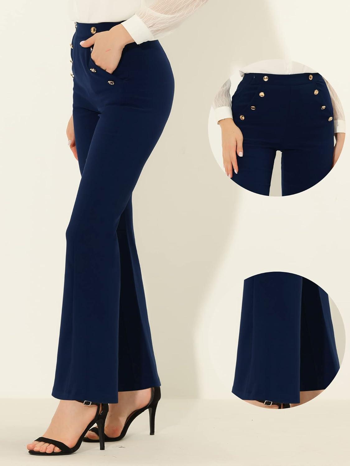 imageAllegra K Work Trousers for Womens Button Decor High Waisted Bell Bottom Pants