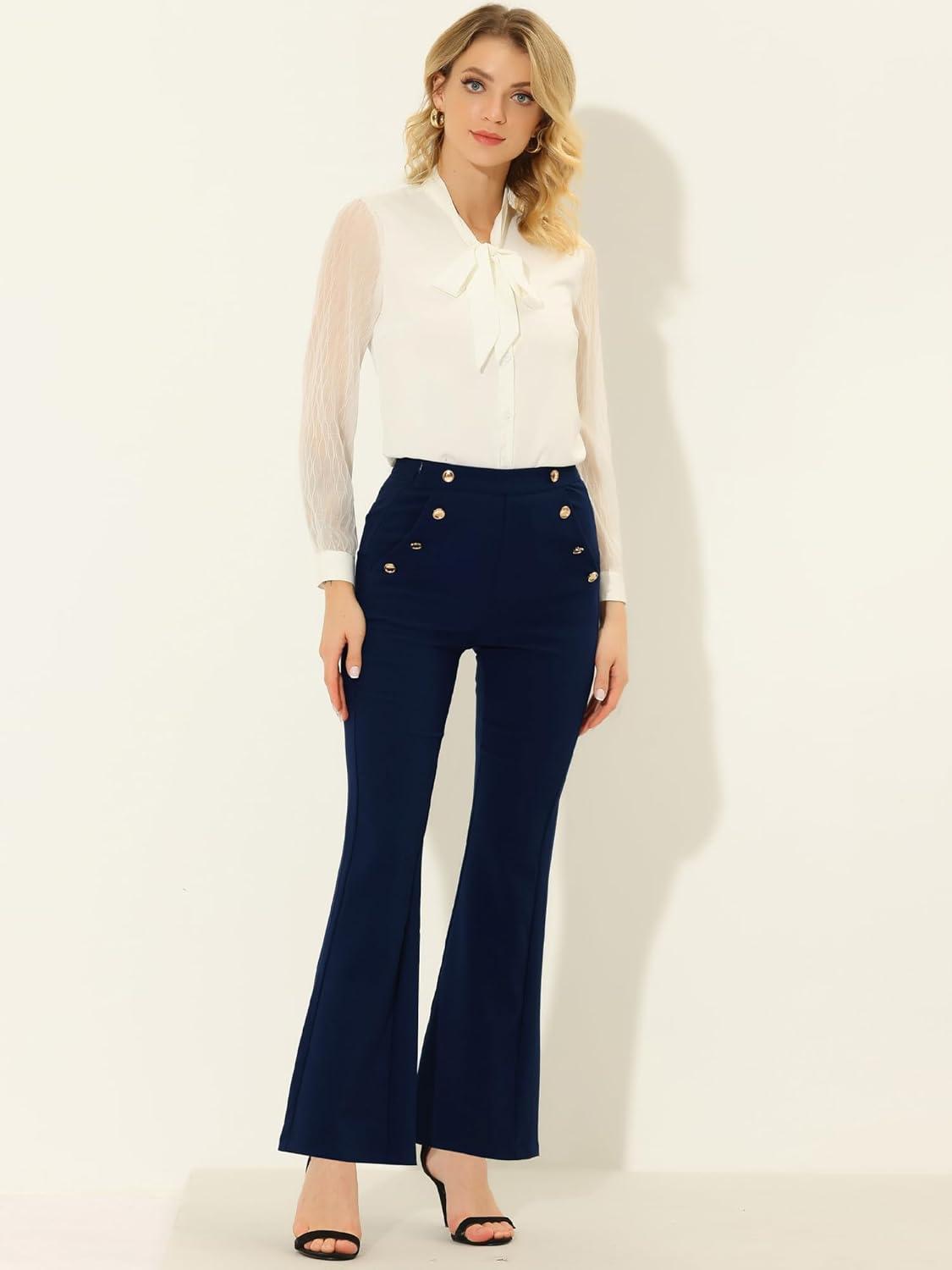 imageAllegra K Work Trousers for Womens Button Decor High Waisted Bell Bottom Pants
