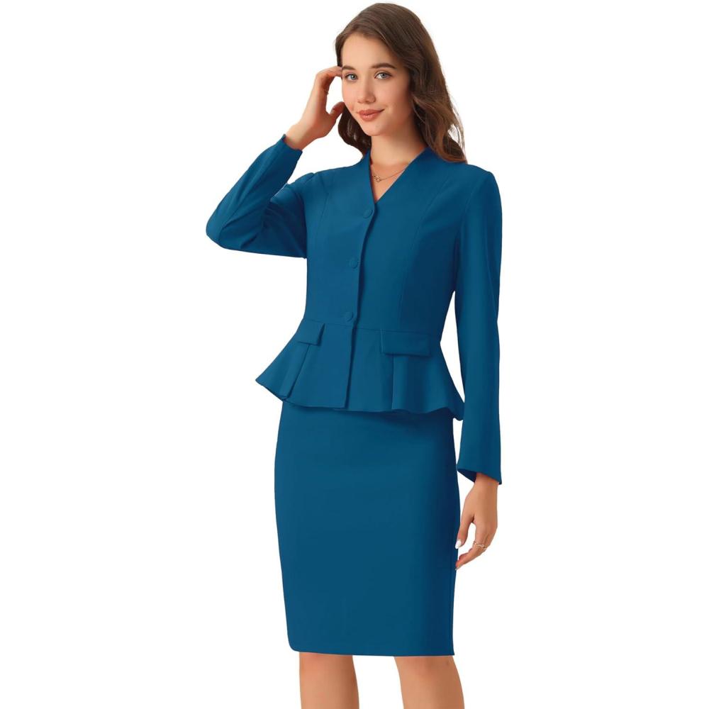 imageAllegra K 2 Piece Skirt Sets for Women Long Sleeve Blazer and Pencil Skirt Business SuitsPeacock Blue