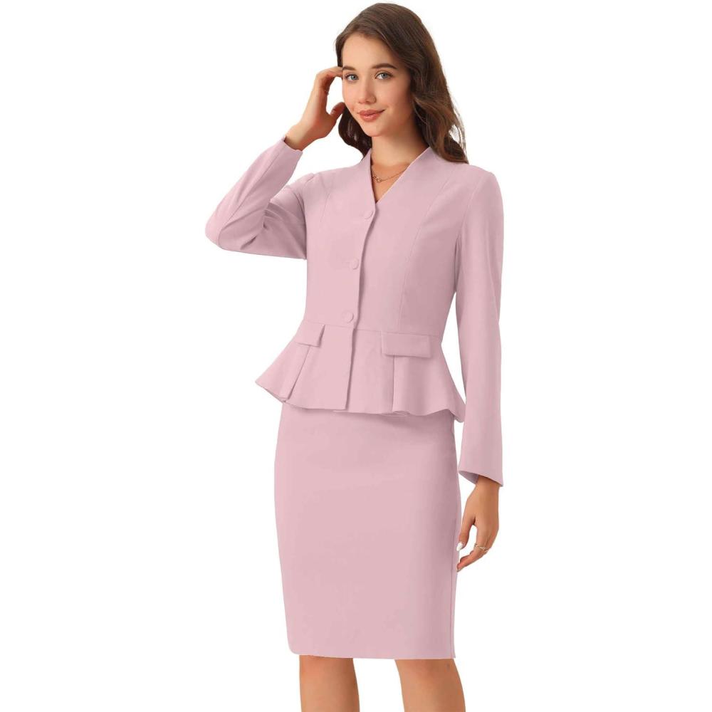imageAllegra K 2 Piece Skirt Sets for Women Long Sleeve Blazer and Pencil Skirt Business SuitsPink