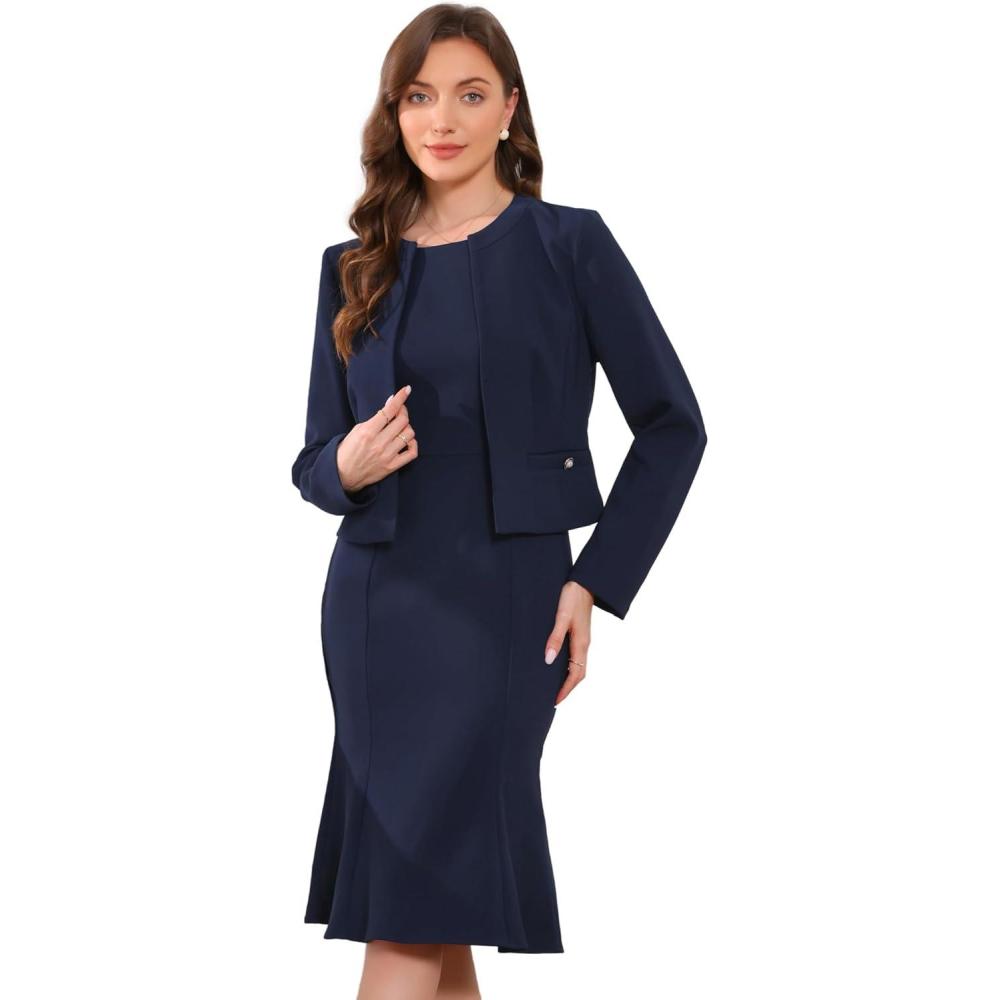 imageAllegra K 2 Piece Suit Dress Set for Womens Business Sleeveless Dress and Crop BlazerDark Blue