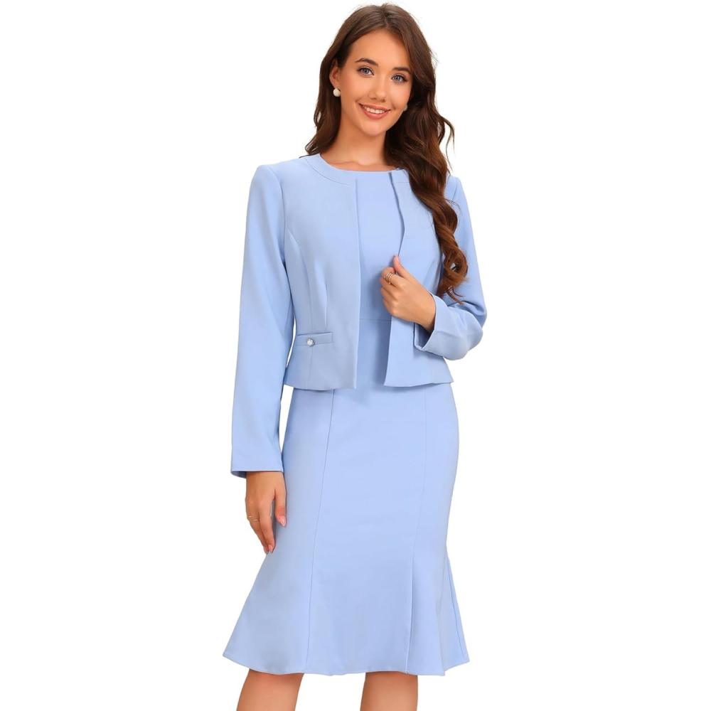 imageAllegra K 2 Piece Suit Dress Set for Womens Business Sleeveless Dress and Crop BlazerLight Blue
