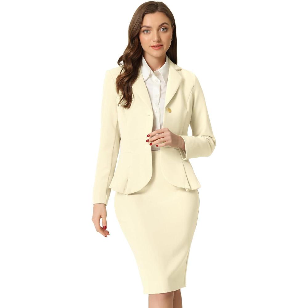imageAllegra K 2 Piece Suit Skirt Sets for Women Blazer and Pencil Skirts Formal Office Business Casual OutfitsWhite Beige