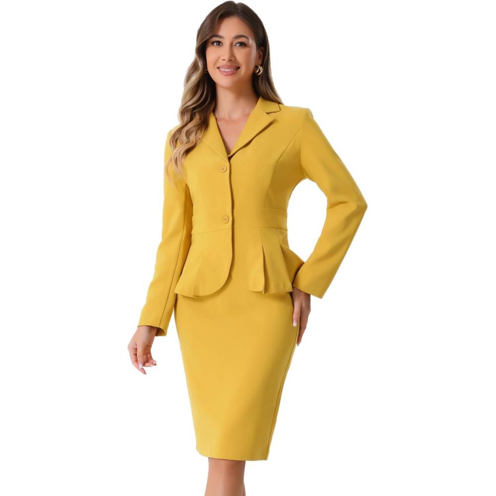 imageAllegra K 2 Piece Suit Skirt Sets for Women Blazer and Pencil Skirts Formal Office Business Casual OutfitsYellow