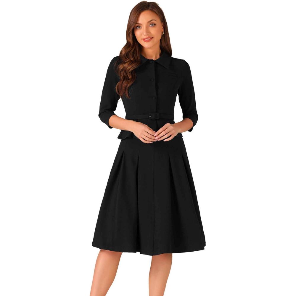 imageAllegra K Business Skirt Suit Sets for Womens 2 Piece Outfits Office 34 Sleeve Blazer Jacket Pleated SkirtsBlack