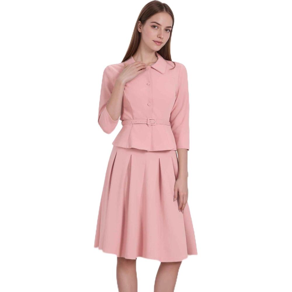 imageAllegra K Business Skirt Suit Sets for Womens 2 Piece Outfits Office 34 Sleeve Blazer Jacket Pleated SkirtsDusty Pink