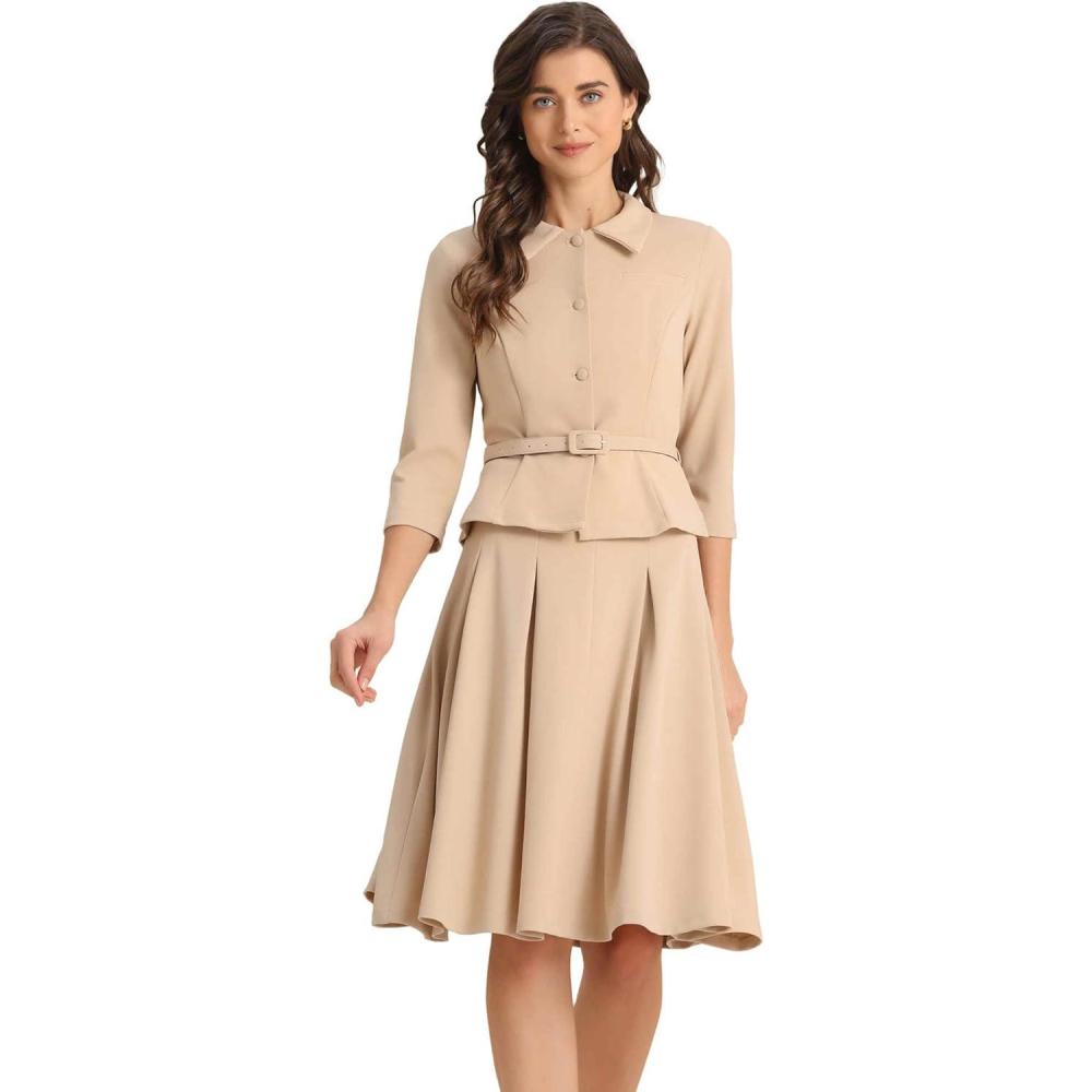 imageAllegra K Business Skirt Suit Sets for Womens 2 Piece Outfits Office 34 Sleeve Blazer Jacket Pleated SkirtsKhaki