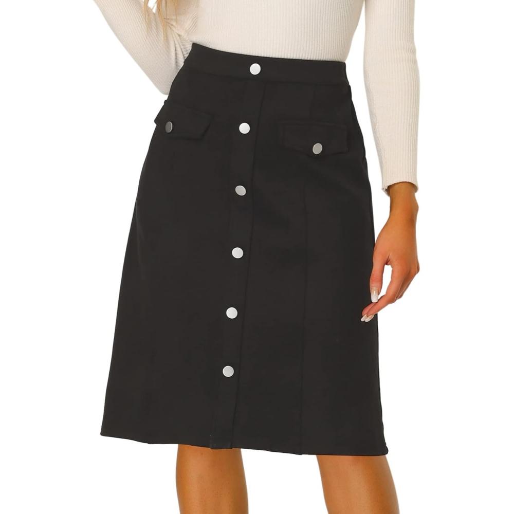 imageAllegra K Faux Suede Skirt for Womens Button Front High Waist 2025 Fall Knee Length ALine SkirtsBlack