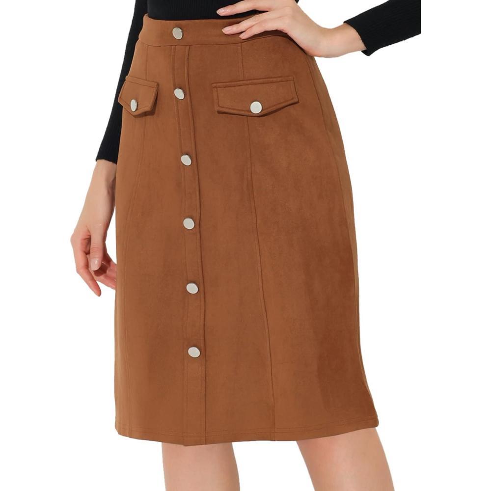 imageAllegra K Faux Suede Skirt for Womens Button Front High Waist 2025 Fall Knee Length ALine SkirtsBrown