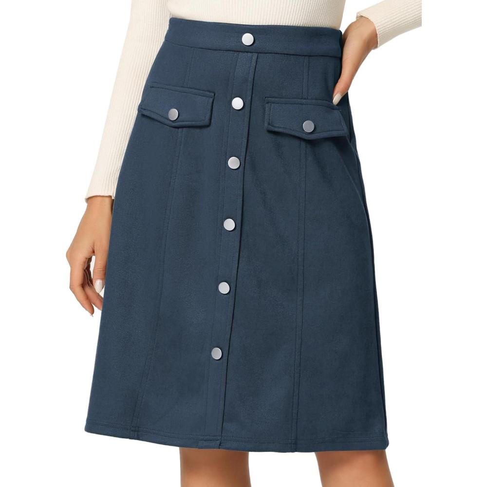imageAllegra K Faux Suede Skirt for Womens Button Front High Waist 2025 Fall Knee Length ALine SkirtsDark Blue