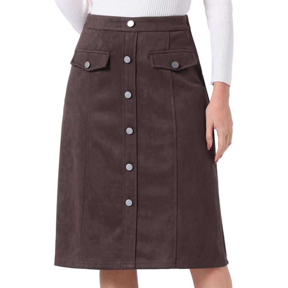 imageAllegra K Faux Suede Skirt for Womens Button Front High Waist 2025 Fall Knee Length ALine SkirtsDark Brown