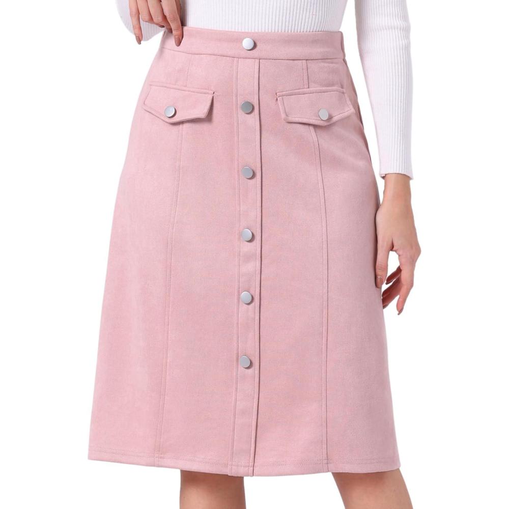 imageAllegra K Faux Suede Skirt for Womens Button Front High Waist 2025 Fall Knee Length ALine SkirtsPink