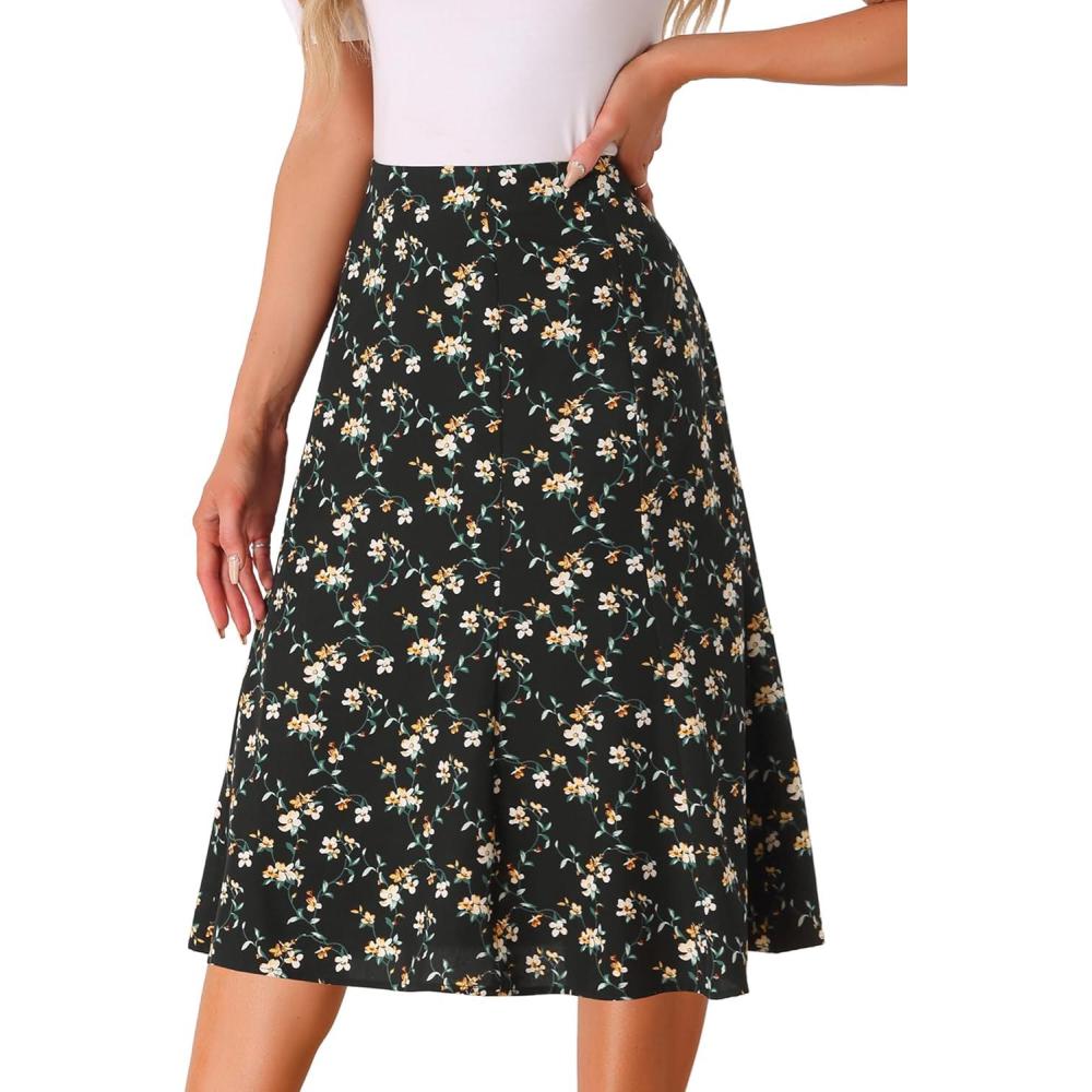imageAllegra K Floral Skirt for Womens Elastic Waist ALine Midi SkirtsBlack White