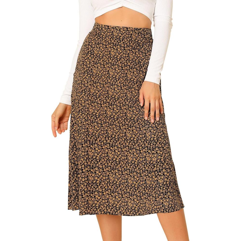 imageAllegra K Floral Skirt for Womens Elastic Waist ALine Midi SkirtsBlack Yellow