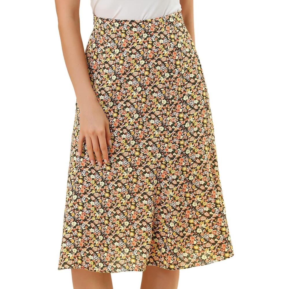 imageAllegra K Floral Skirt for Womens Elastic Waist ALine Midi SkirtsBrown Orange