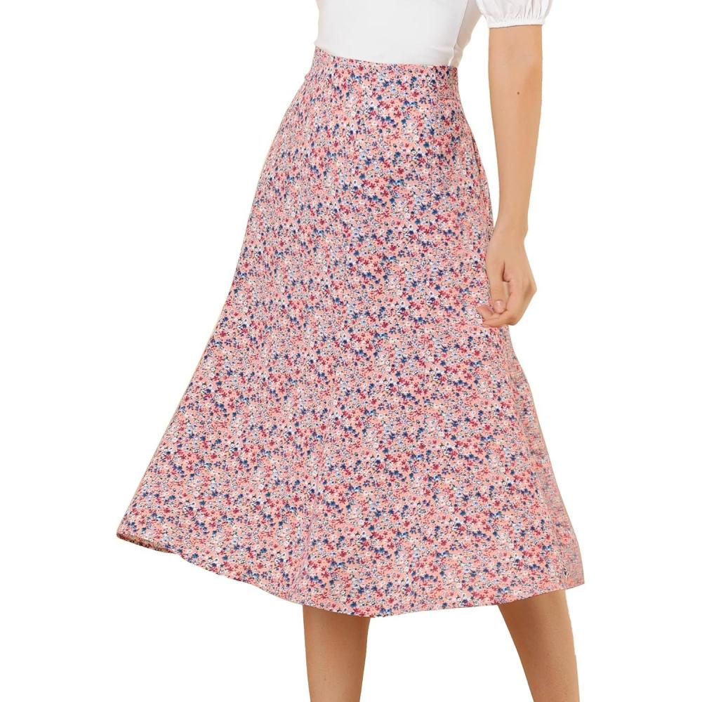 imageAllegra K Floral Skirt for Womens Elastic Waist ALine Midi SkirtsPink