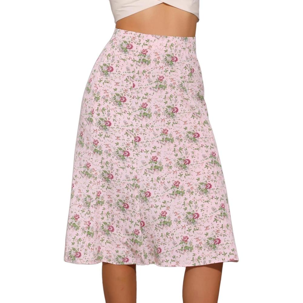 imageAllegra K Floral Skirt for Womens Elastic Waist ALine Midi SkirtsPink Flower