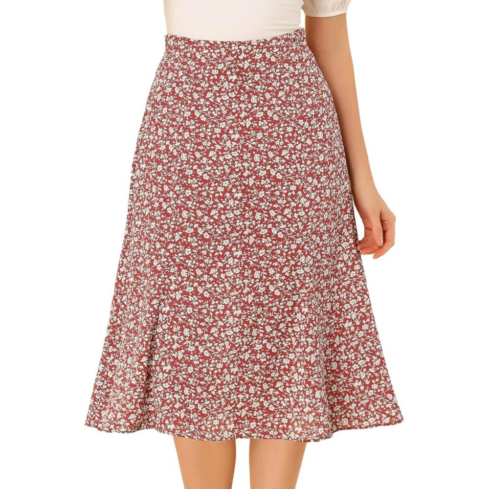 imageAllegra K Floral Skirt for Womens Elastic Waist ALine Midi SkirtsRed White