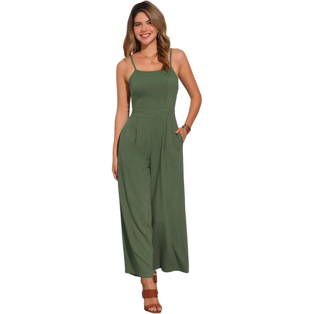 imageAllegra K Linen Jumpsuits for Womens Casual Spaghetti Strap Sleeveless Wide Legs RompersArmy Green