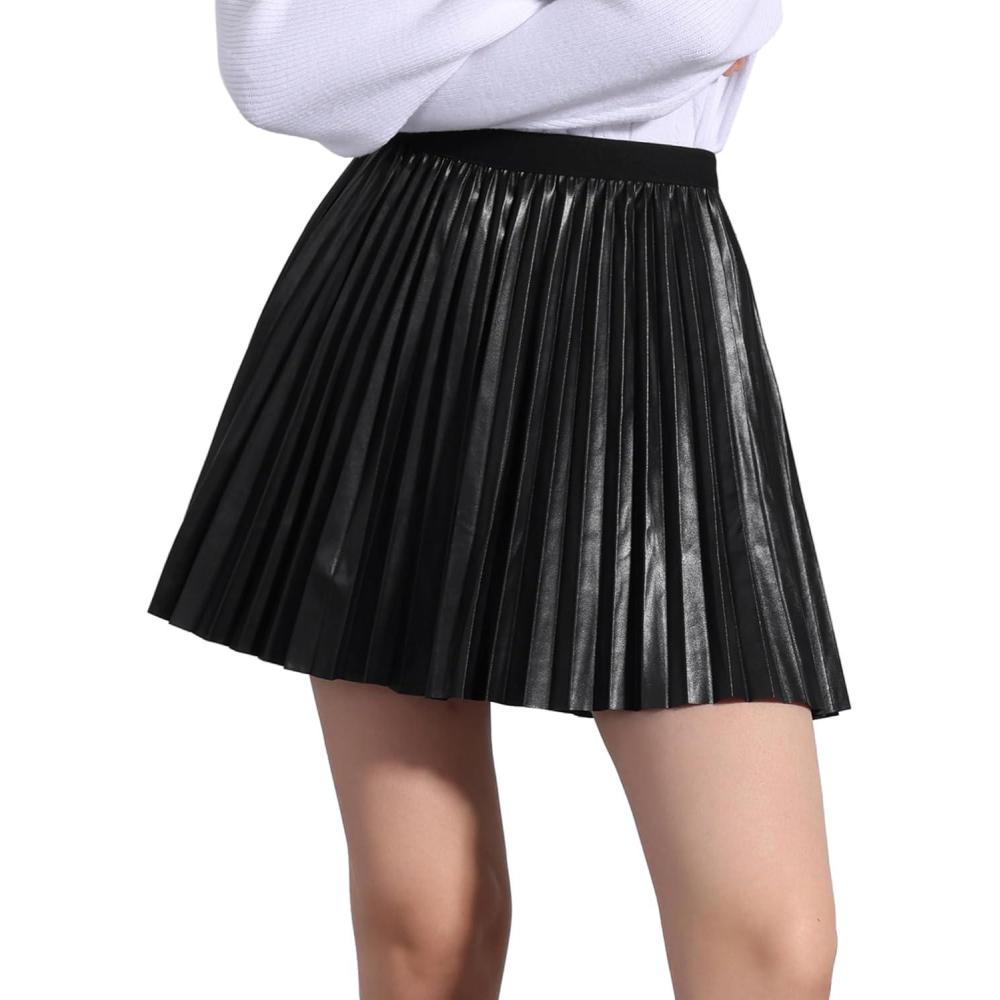 imageAllegra K PU Leather Pleated Skirt for Womens Casual Party Elastic Waist Halloween Aline Mini SkirtsBlack