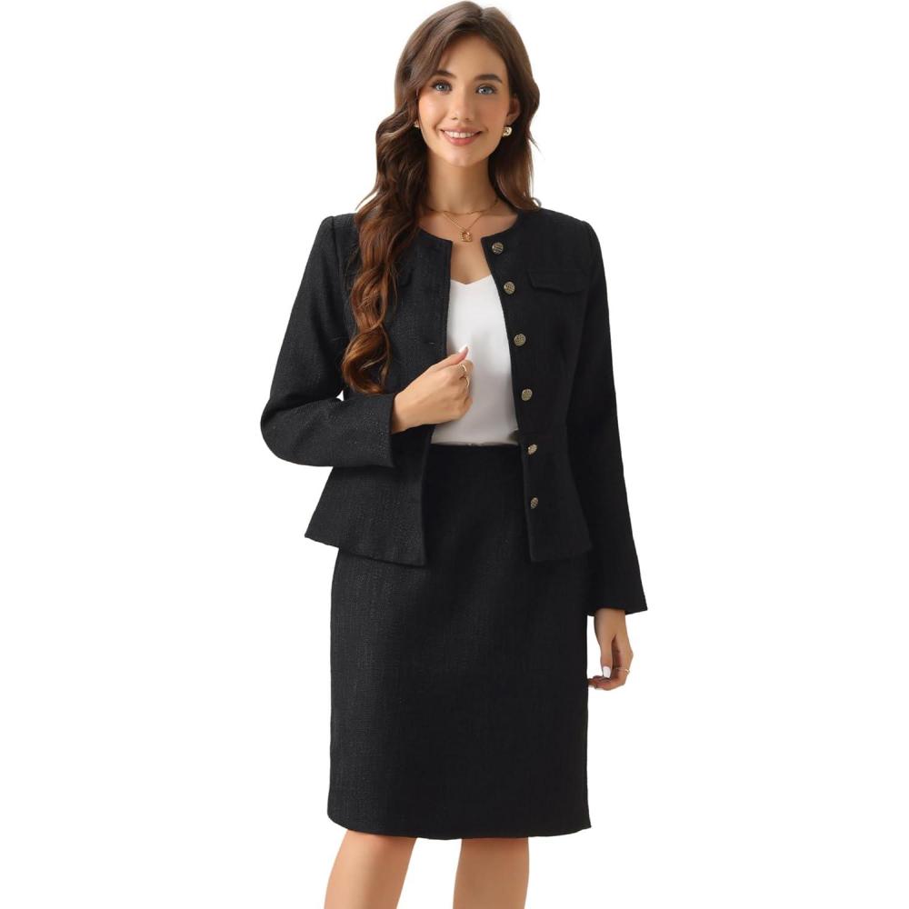 imageAllegra K Suit Set for Womens 2 Piece Outfits Tweed Peplum Collarless Blazer Jacket and Skirt SetsBlack