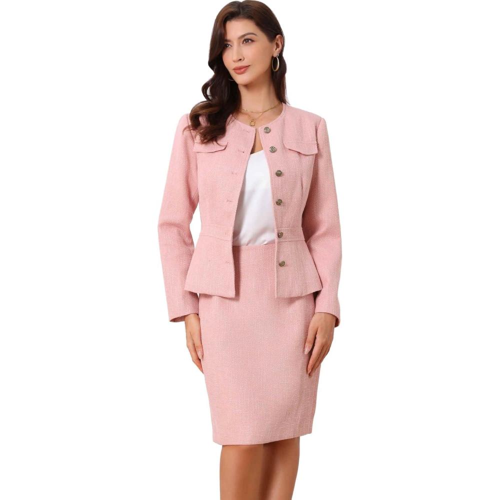 imageAllegra K Suit Set for Womens 2 Piece Outfits Tweed Peplum Collarless Blazer Jacket and Skirt SetsPink