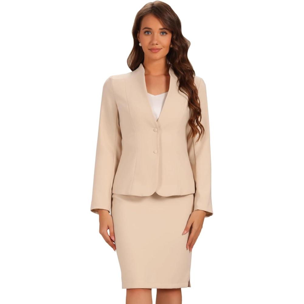 imageAllegra K Suits 2 Piece Skirt Set for Womens Business Office Outfits Collarless Blazer Pencil Skirts Suit SetsBeige